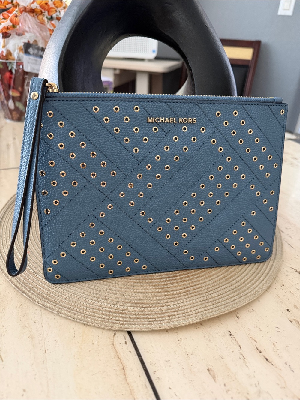 Michael Kors Blue Pebble Leather w/ Gold Eyelet Details Large Wristlet Clutch